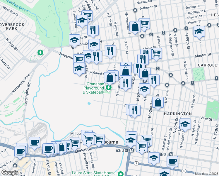 map of restaurants, bars, coffee shops, grocery stores, and more near 335 North Daggett Street in Philadelphia