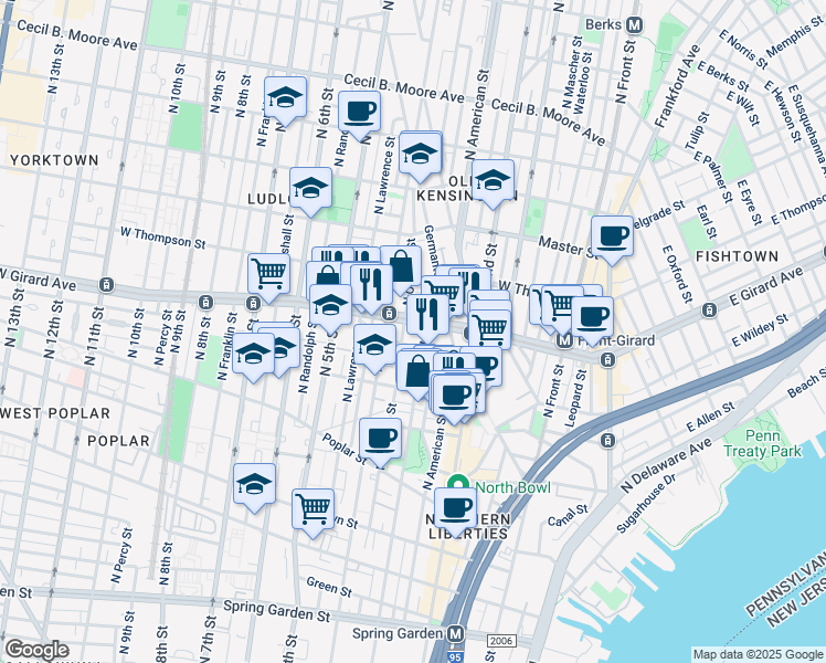 map of restaurants, bars, coffee shops, grocery stores, and more near 1140 North Orianna Street in Philadelphia
