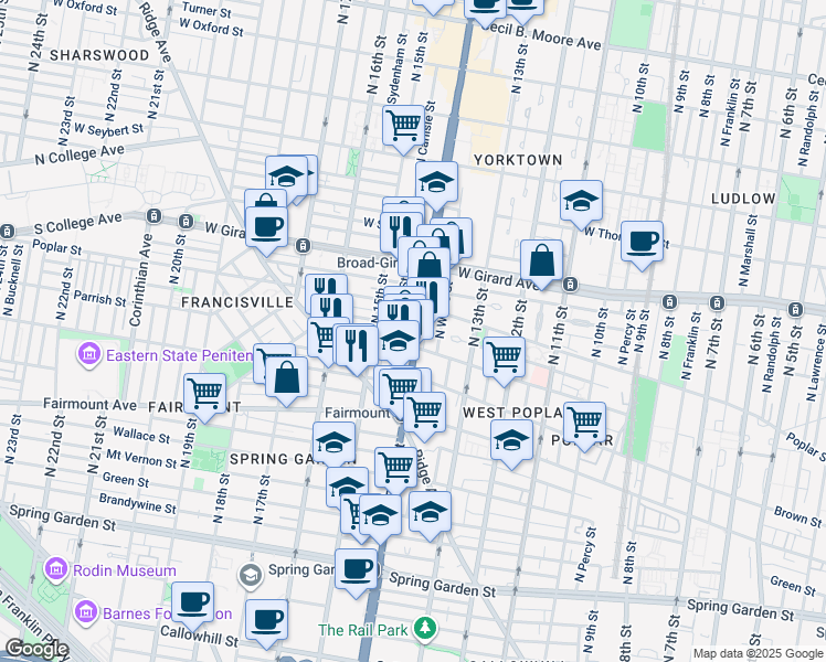 map of restaurants, bars, coffee shops, grocery stores, and more near 846 North Broad Street in Philadelphia