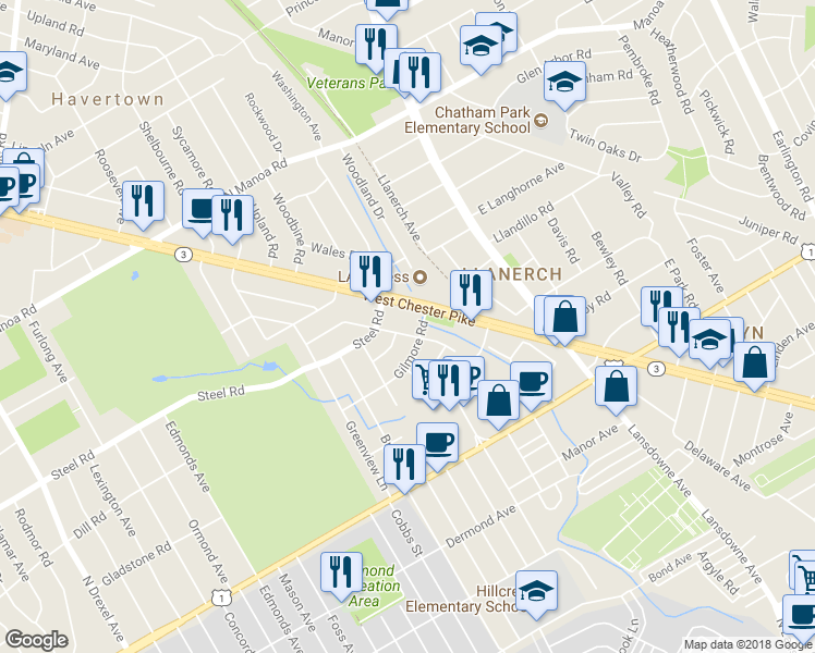map of restaurants, bars, coffee shops, grocery stores, and more near 411 Olympic Avenue in Havertown