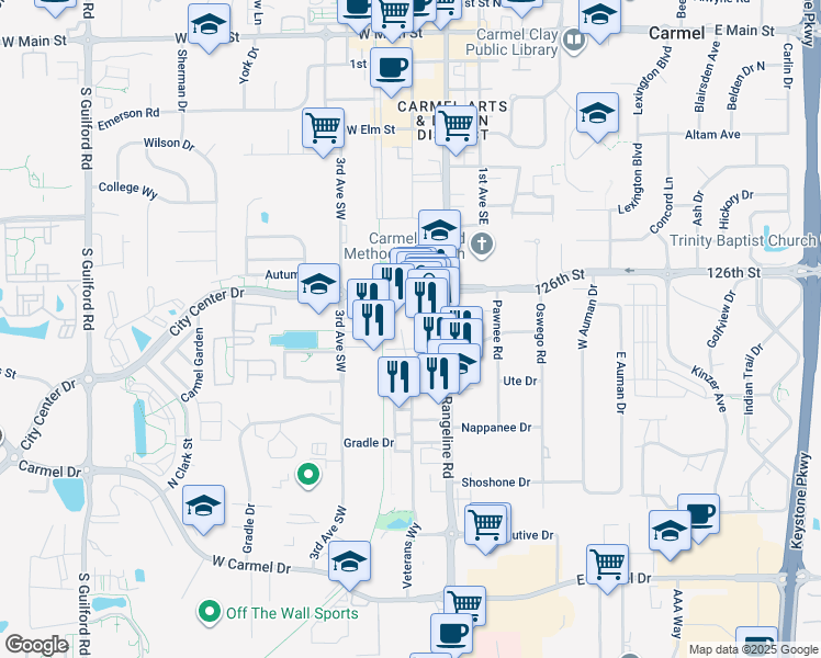 map of restaurants, bars, coffee shops, grocery stores, and more near 100 City Center Drive in Carmel