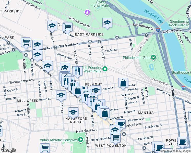map of restaurants, bars, coffee shops, grocery stores, and more near 4047 Ogden Street in Philadelphia