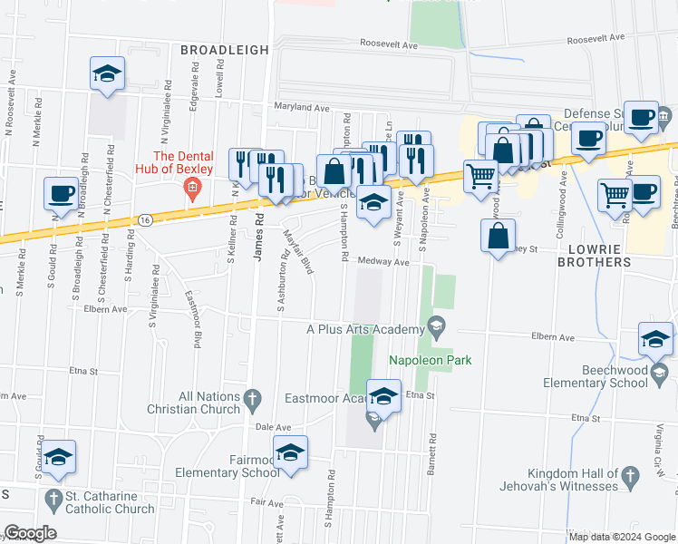 map of restaurants, bars, coffee shops, grocery stores, and more near 133 South Hampton Road in Columbus