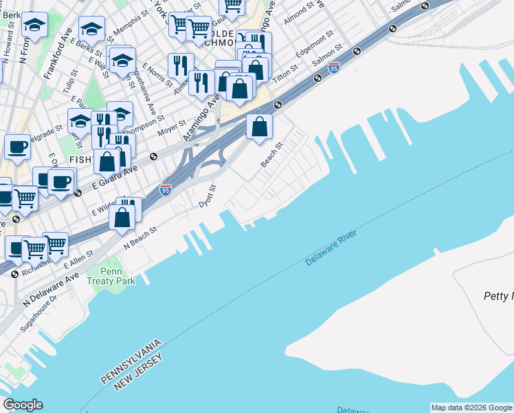 map of restaurants, bars, coffee shops, grocery stores, and more near 2101-2499 N Beach St in Philadelphia