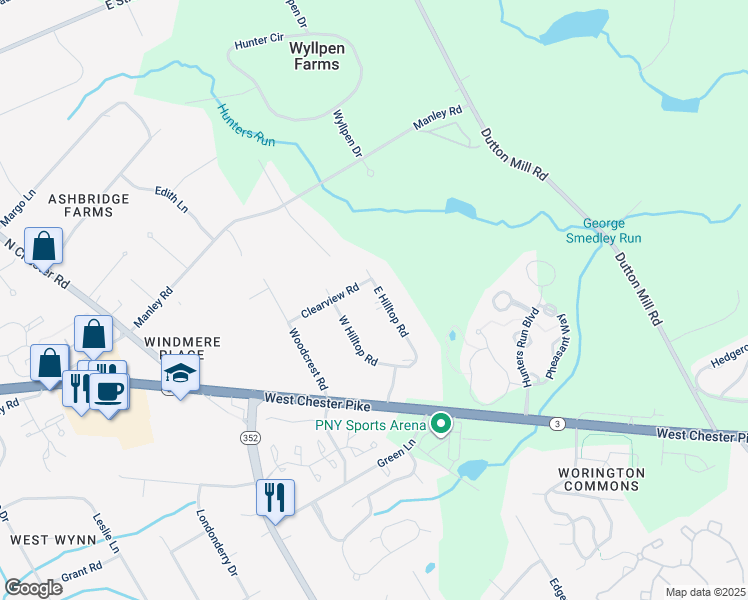 map of restaurants, bars, coffee shops, grocery stores, and more near 122 East Hilltop Road in West Chester