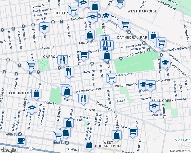 map of restaurants, bars, coffee shops, grocery stores, and more near 5335 Wyalusing Avenue in Philadelphia