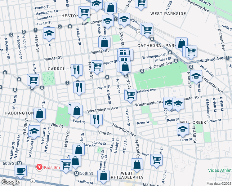 map of restaurants, bars, coffee shops, grocery stores, and more near 5313 Wyalusing Avenue in Philadelphia
