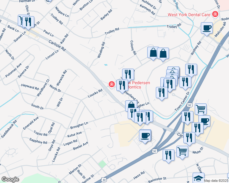 map of restaurants, bars, coffee shops, grocery stores, and more near 2210 Loucks Road in York
