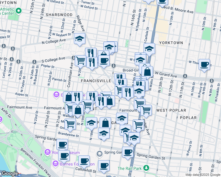 map of restaurants, bars, coffee shops, grocery stores, and more near 821 Leland Street in Philadelphia