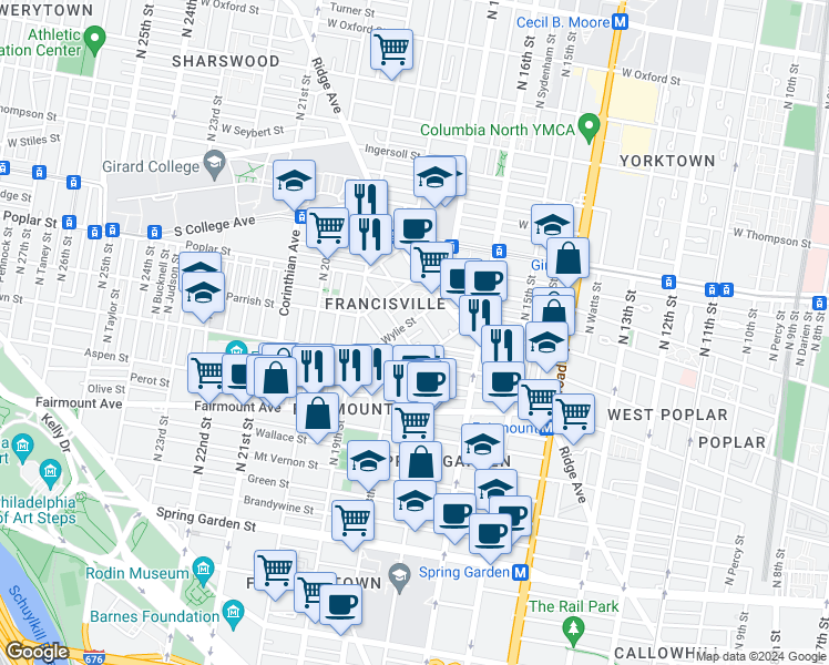 map of restaurants, bars, coffee shops, grocery stores, and more near 1731 Erdman Street in Philadelphia
