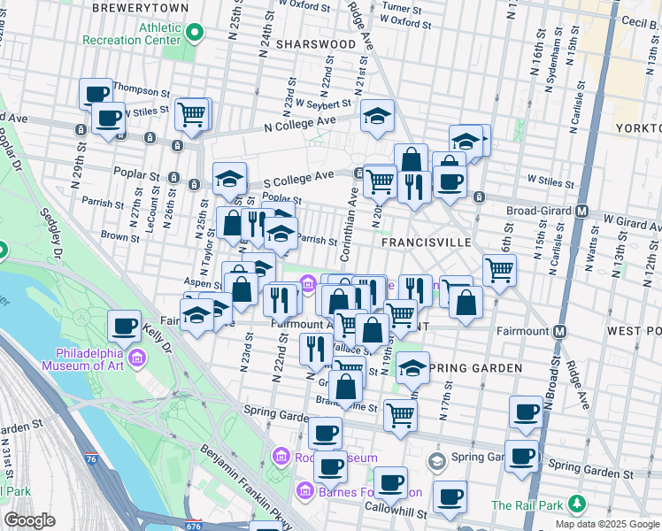 map of restaurants, bars, coffee shops, grocery stores, and more near 805 North Woodstock Street in Philadelphia