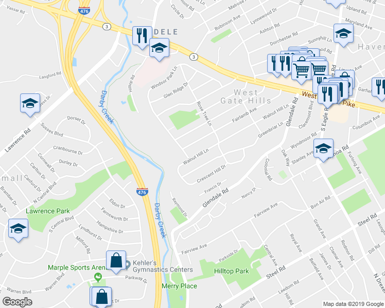 map of restaurants, bars, coffee shops, grocery stores, and more near 326 Walnut Hill Lane in Havertown
