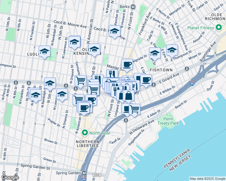 map of restaurants, bars, coffee shops, grocery stores, and more near in Philadelphia