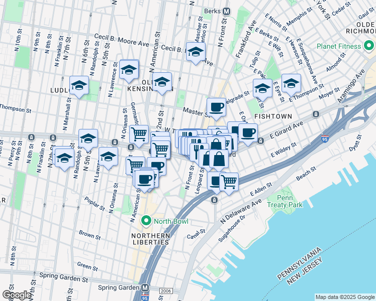 map of restaurants, bars, coffee shops, grocery stores, and more near 1212 Hope Street in Philadelphia