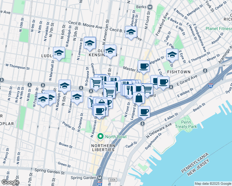 map of restaurants, bars, coffee shops, grocery stores, and more near 155 West Girard Avenue in Philadelphia