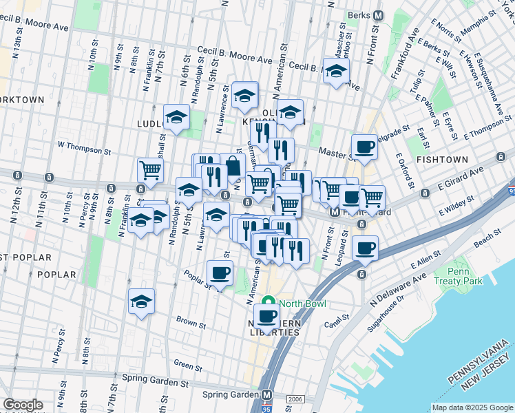 map of restaurants, bars, coffee shops, grocery stores, and more near 1151 North 3rd Street in Philadelphia