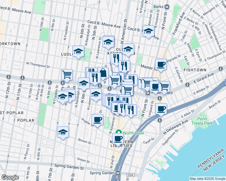 map of restaurants, bars, coffee shops, grocery stores, and more near 1151 North 3rd Street in Philadelphia