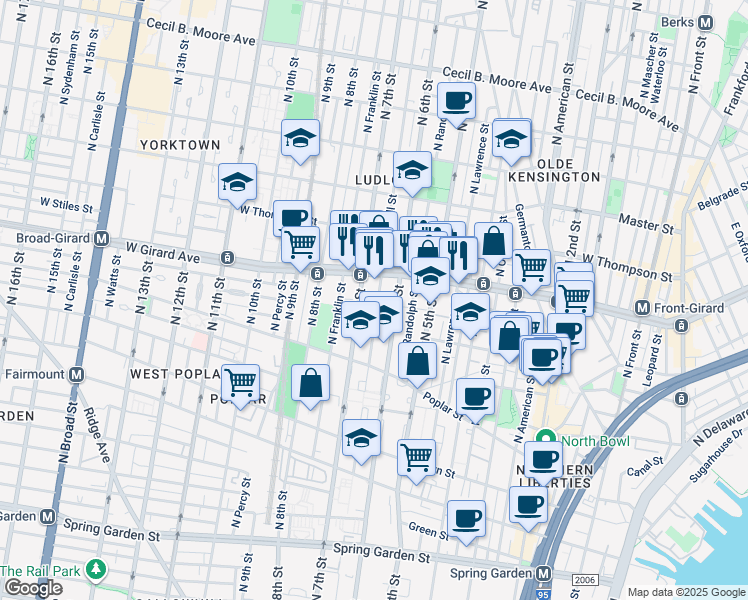 map of restaurants, bars, coffee shops, grocery stores, and more near 974 North Marshall Street in Philadelphia