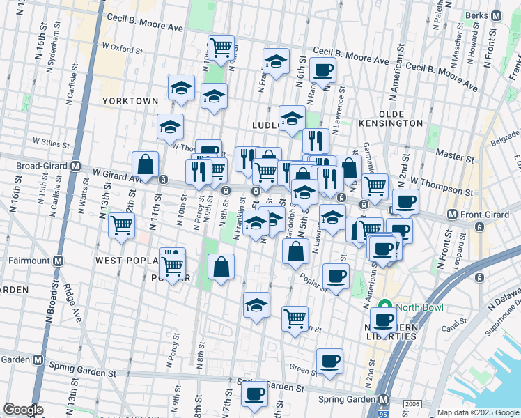 map of restaurants, bars, coffee shops, grocery stores, and more near 994 North Marshall Street in Philadelphia