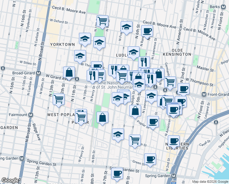 map of restaurants, bars, coffee shops, grocery stores, and more near 994 North Marshall Street in Philadelphia
