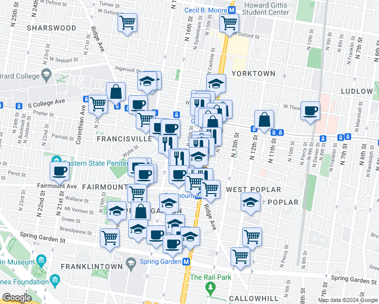 map of restaurants, bars, coffee shops, grocery stores, and more near 1504 Parrish Street in Philadelphia