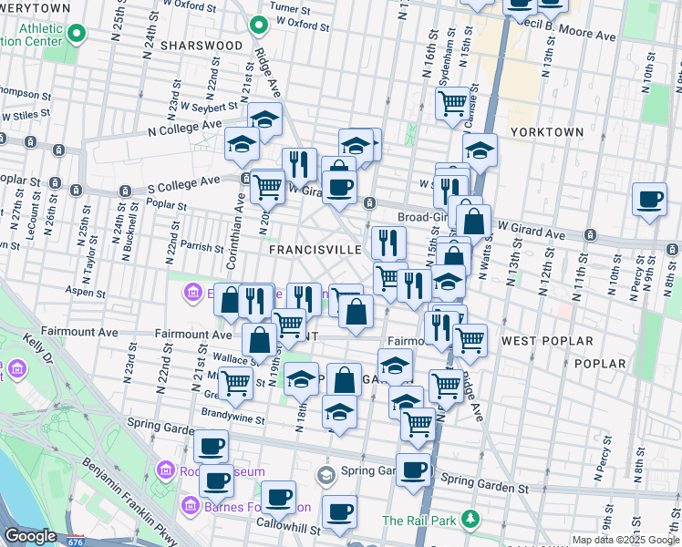 map of restaurants, bars, coffee shops, grocery stores, and more near 1700 Francis Street in Philadelphia