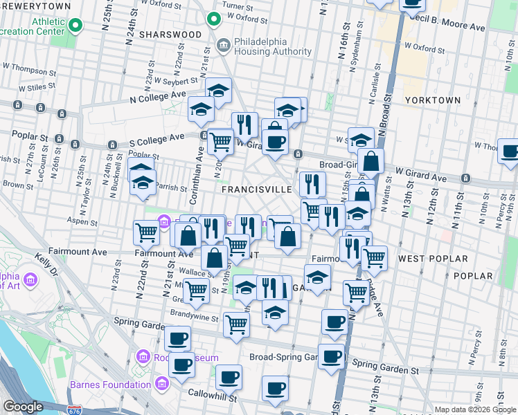 map of restaurants, bars, coffee shops, grocery stores, and more near 813 Cameron Street in Philadelphia