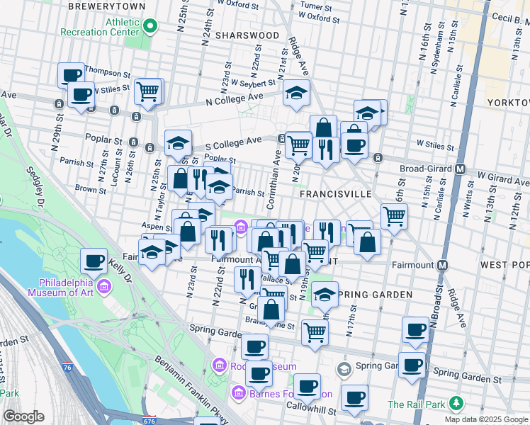 map of restaurants, bars, coffee shops, grocery stores, and more near 818 Corinthian Avenue in Philadelphia