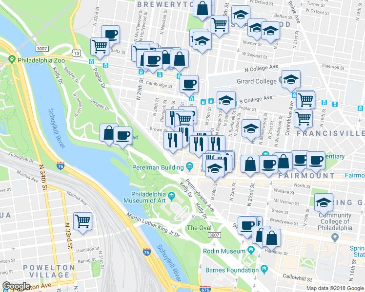 map of restaurants, bars, coffee shops, grocery stores, and more near 2601 Pennsylvania Avenue in Philadelphia