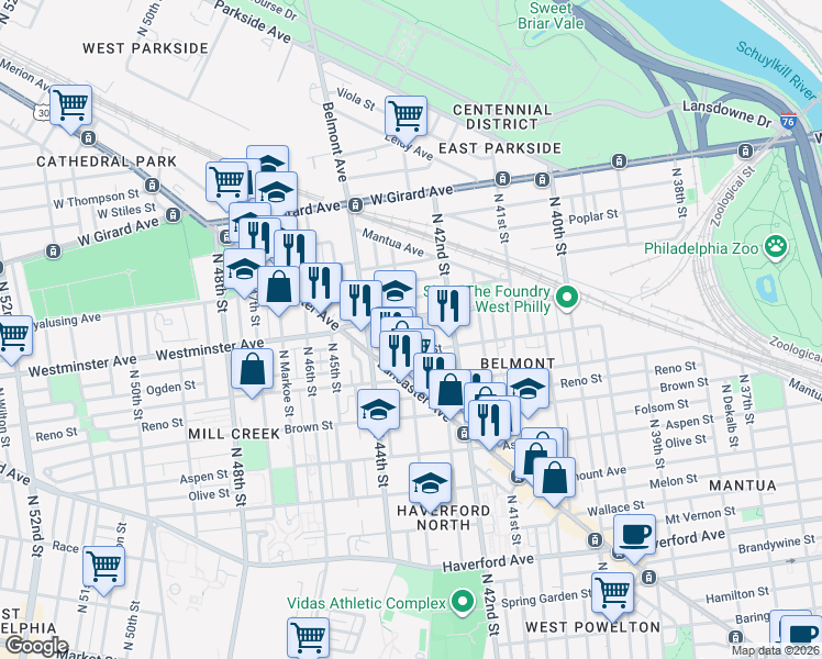 map of restaurants, bars, coffee shops, grocery stores, and more near 4255 Ogden Street in Philadelphia