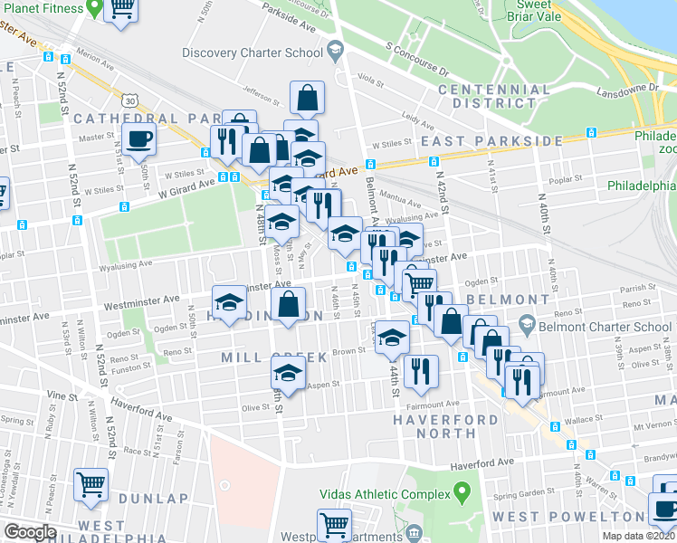 map of restaurants, bars, coffee shops, grocery stores, and more near 886 North 45th Street in Philadelphia