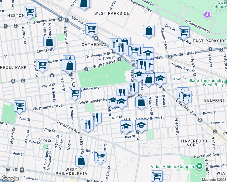 map of restaurants, bars, coffee shops, grocery stores, and more near 911 North 50th Street in Philadelphia