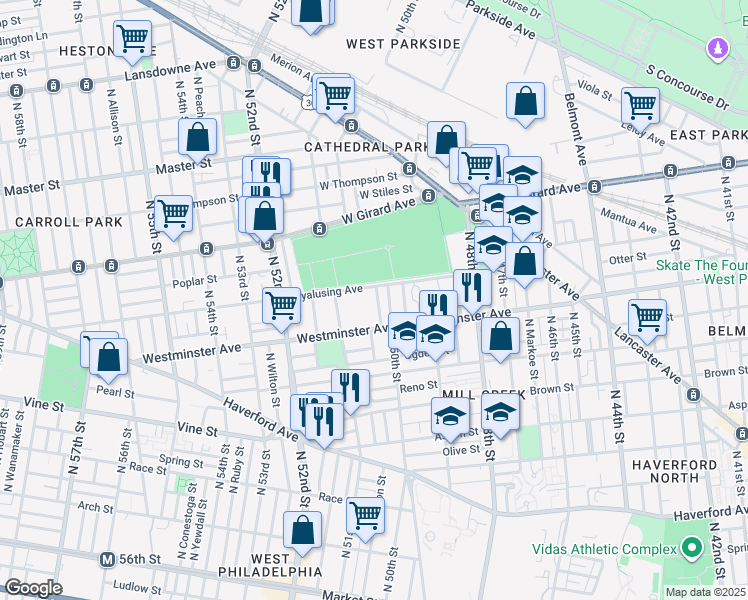 map of restaurants, bars, coffee shops, grocery stores, and more near 5025 Westminster Avenue in Philadelphia