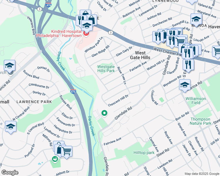 map of restaurants, bars, coffee shops, grocery stores, and more near 326 Walnut Hill Lane in Havertown