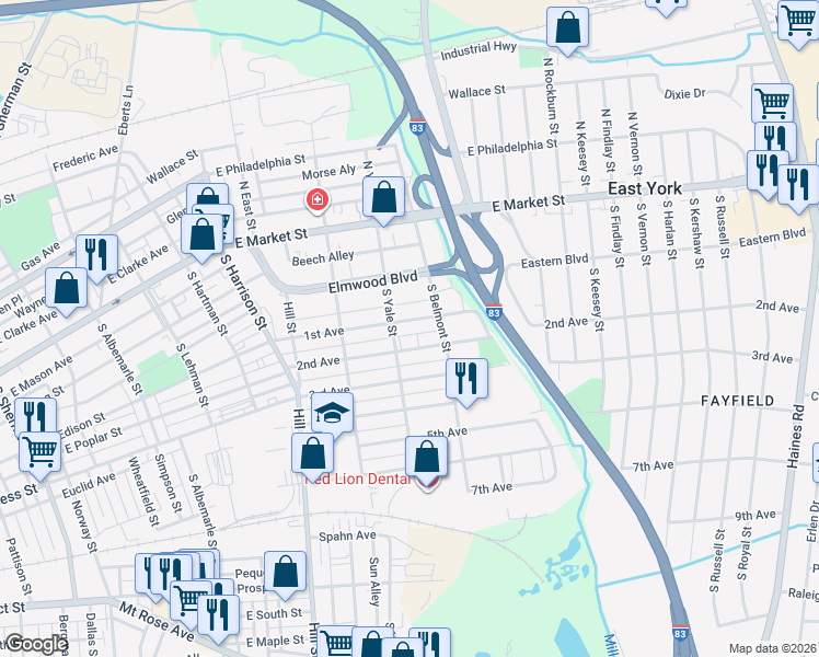 map of restaurants, bars, coffee shops, grocery stores, and more near 1624 2nd Avenue in York