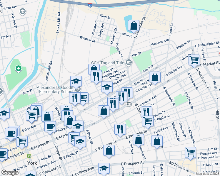 map of restaurants, bars, coffee shops, grocery stores, and more near 124 Ridge Avenue in York