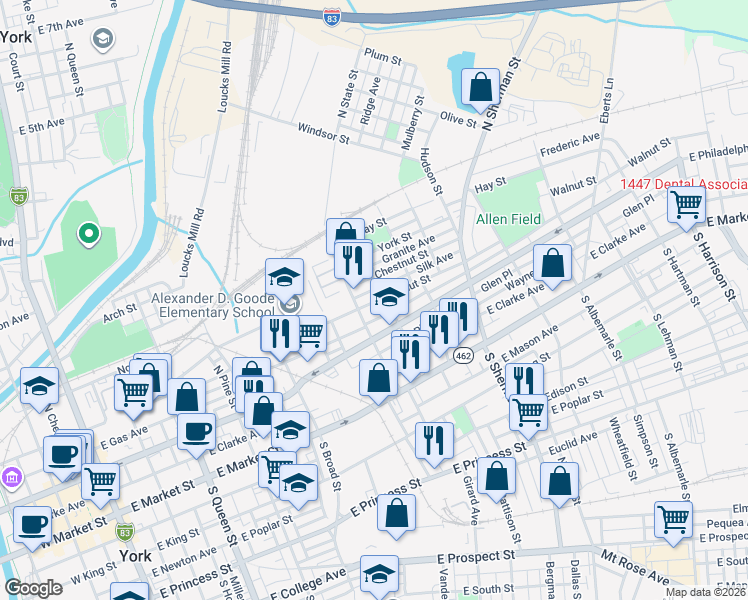 map of restaurants, bars, coffee shops, grocery stores, and more near 124 Ridge Avenue in York