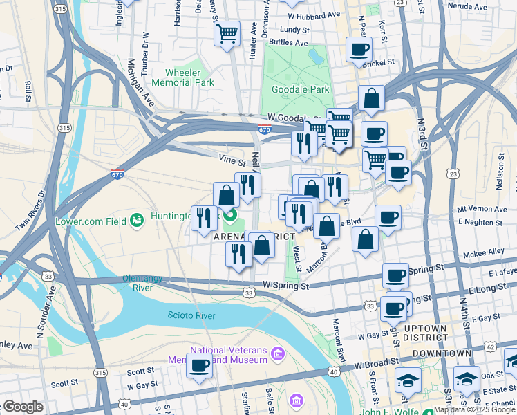 map of restaurants, bars, coffee shops, grocery stores, and more near 438 Brodbelt Lane in Columbus