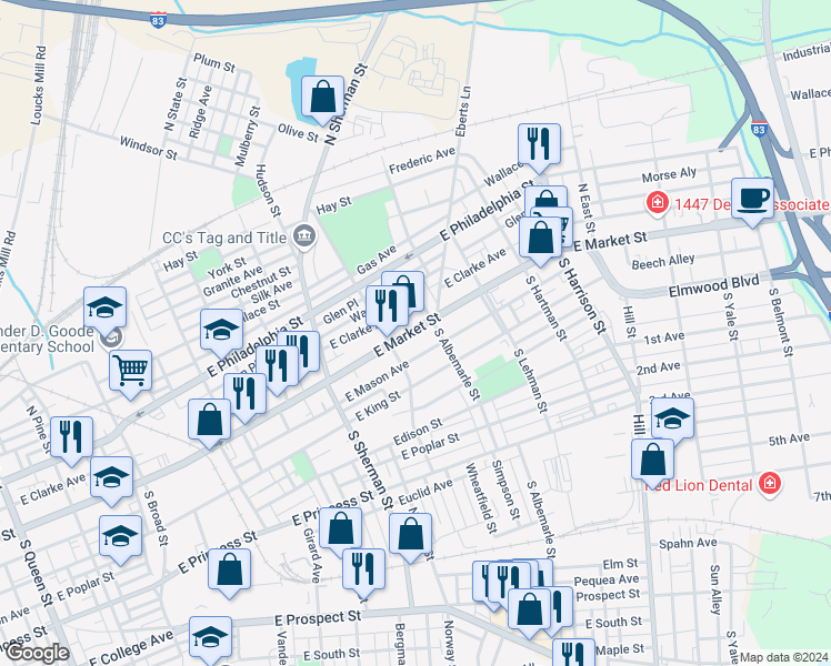 map of restaurants, bars, coffee shops, grocery stores, and more near 940 East Market Street in York