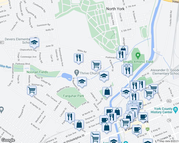 map of restaurants, bars, coffee shops, grocery stores, and more near 619 Smith Street in York