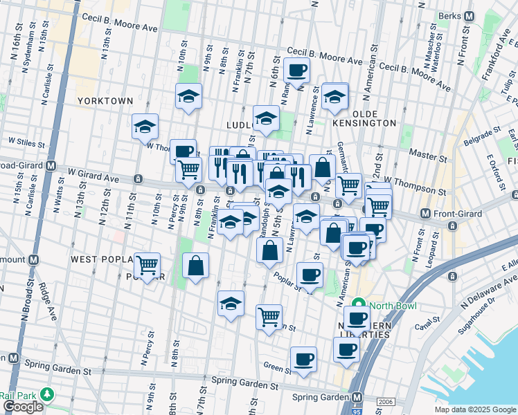 map of restaurants, bars, coffee shops, grocery stores, and more near 993 North 6th Street in Philadelphia