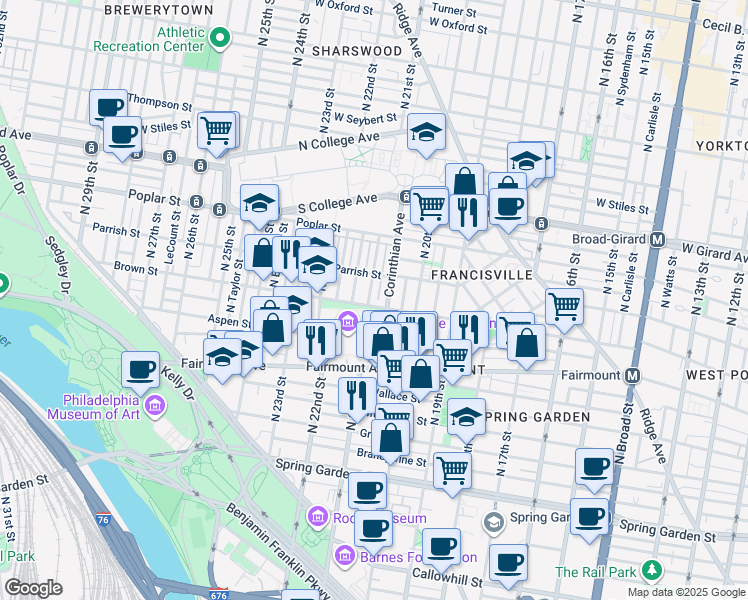 map of restaurants, bars, coffee shops, grocery stores, and more near 805 North Woodstock Street in Philadelphia