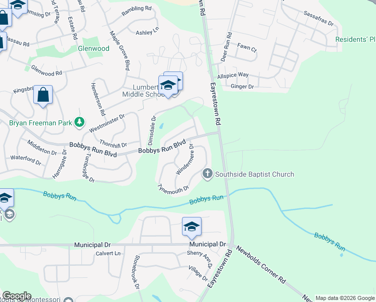 map of restaurants, bars, coffee shops, grocery stores, and more near 14 Windermere Drive in Lumberton