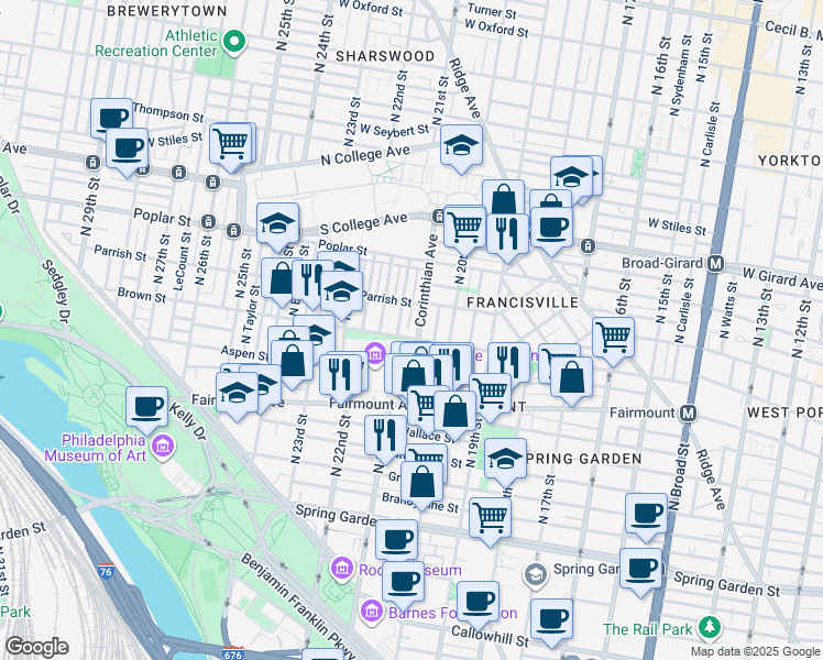 map of restaurants, bars, coffee shops, grocery stores, and more near 806 Corinthian Avenue in Philadelphia