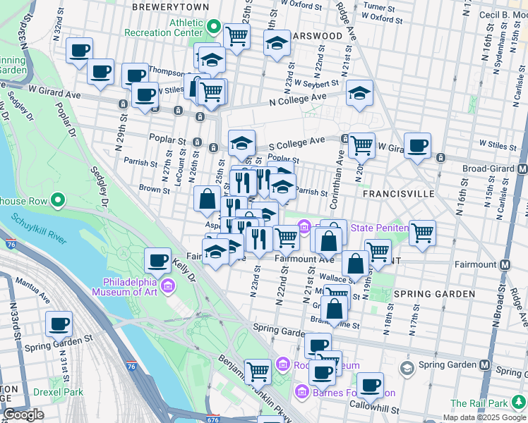 map of restaurants, bars, coffee shops, grocery stores, and more near 784 North 23rd Street in Philadelphia