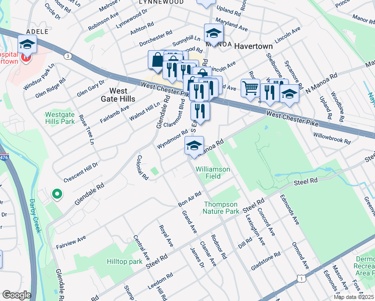 map of restaurants, bars, coffee shops, grocery stores, and more near 150 South Eagle Road in Havertown
