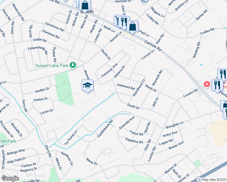 map of restaurants, bars, coffee shops, grocery stores, and more near 1920 South Drive in York