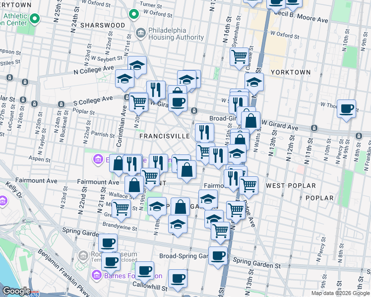 map of restaurants, bars, coffee shops, grocery stores, and more near 1700 Francis Street in Philadelphia