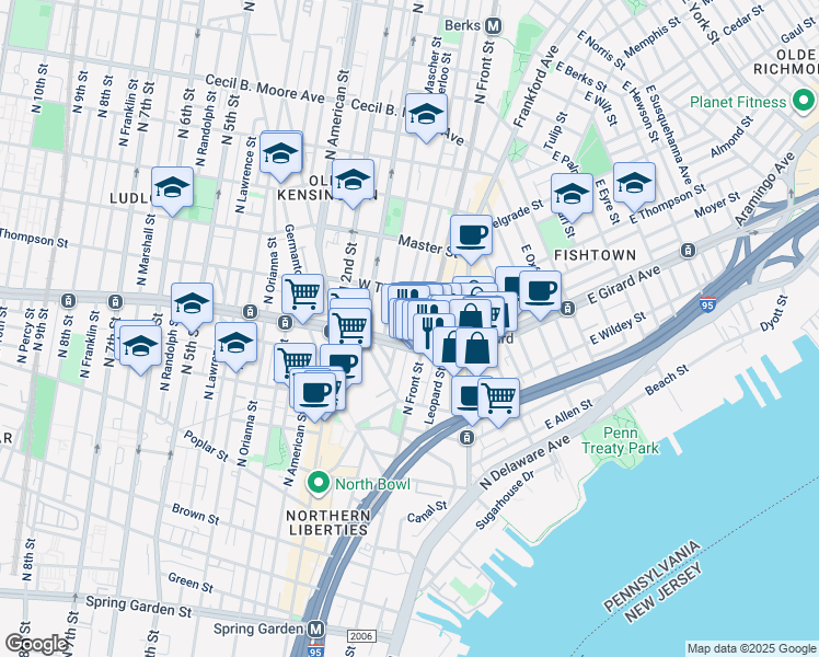 map of restaurants, bars, coffee shops, grocery stores, and more near 1212 Hope Street in Philadelphia