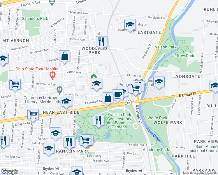 map of restaurants, bars, coffee shops, grocery stores, and more near 1732 East Long Street in Columbus